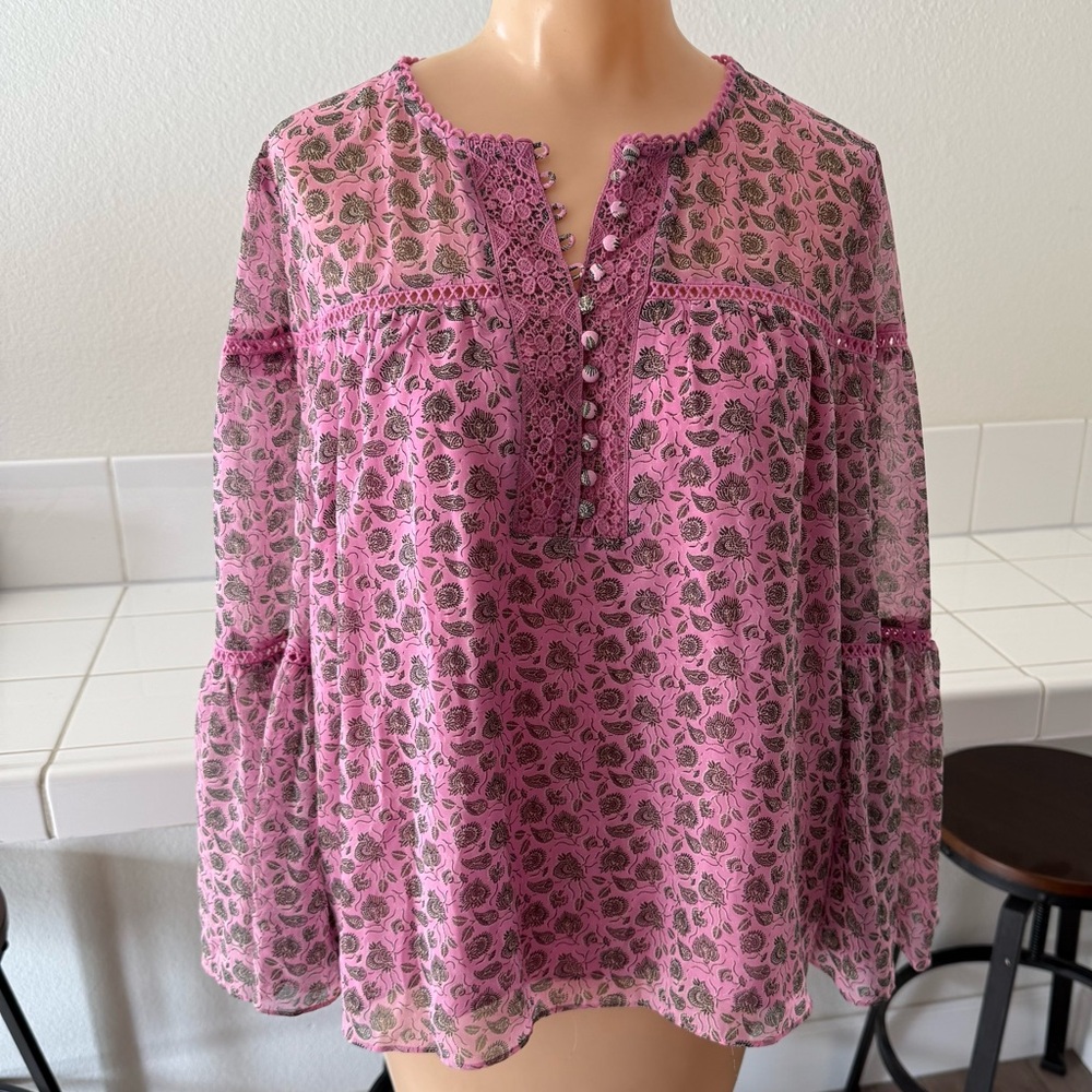 Rebecca Minkoff Pink Floral Paisley Bohemian Bell Sleeve Blouse Size Small